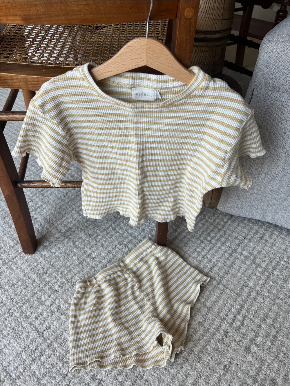 Kids Cream & Yellow Stripe Matching Set — Short Sleeve Top & Shorts